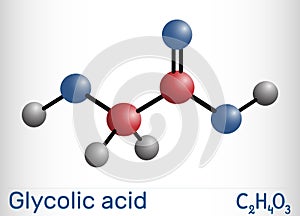 Glycolic acid, hydroacetic or hydroxyacetic acid, C2H4O3 molecule. It is alpha hydroxy acid, AHA. Molecule model