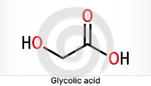 Glycolic acid, hydroacetic or hydroxyacetic acid, C2H4O3 molecule. It is alpha-hydroxy acid, AHA.  Skeletal chemical formula