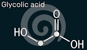 Glycolic acid, hydroacetic or hydroxyacetic acid, C2H4O3 molecule. It is alpha-hydroxy acid, AHA.  Skeletal chemical formula on