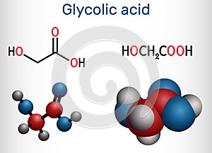 Glycolic acid, hydroacetic or hydroxyacetic acid, C2H4O3 molecule. It is alpha-hydroxy acid, AHA.  Structural chemical formula and