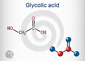 Glycolic acid, hydroacetic or hydroxyacetic acid, C2H4O3 molecule. It is alpha-hydroxy acid, AHA.  Structural chemical formula and