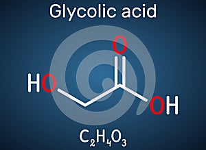Glycolic acid, hydroacetic or hydroxyacetic acid, C2H4O3 molecule. It is alpha-hydroxy acid, AHA.  Structural chemical formula on
