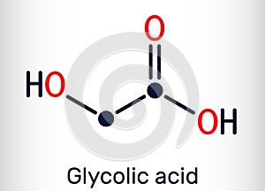 Glycolic acid, hydroacetic or hydroxyacetic acid, C2H4O3 molecule. It is alpha-hydroxy acid, AHA.  Structural chemical formula