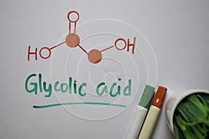 Glycolic acid molecule write on the white board. Structural chemical formula. Education concept