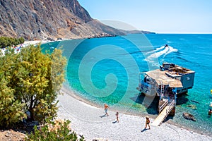 Glyka Nera beach Sweet Water or Fresh Water. View of the remote and famous Sweet Water Beach in south Crete.