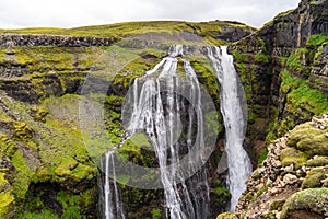 Glymur waterfall in Iceland, as it cascades down into the canyon