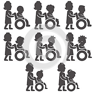 Glyph icons of disabled immovable people in different ages and gender