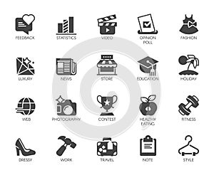 Glyph icons on fashion, sports, hobby, healthy lifestyle Flat label for infographics, buttons, interfaces sites and apps