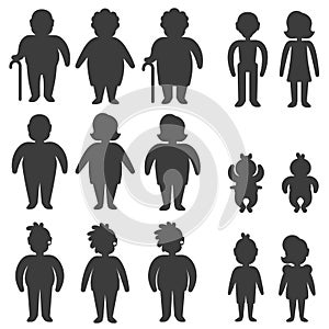 Glyph icons of people in different ages and gender with overweight and underweight