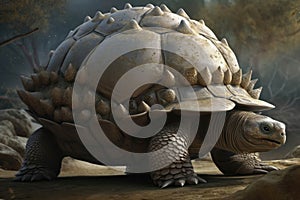 A Glyptodon using its armored shell to protect its young.. AI generation
