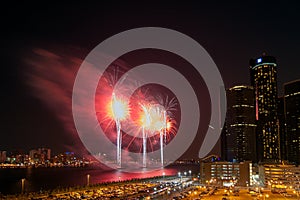 GM Renaissance Center during the Freedom Festival Fireworks along the picturesque Detroit Riverfront