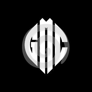 GMC circle letter logo design with circle and ellipse shape. GMC ellipse letters with typographic style. The three initials form a