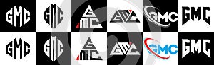 GMC letter logo design in six style. GMC polygon, circle, triangle, hexagon, flat and simple style with black and white color