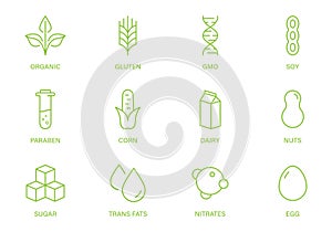GMO, Dairy, Sugar, Gluten, Nuts, Corn, Paraben, Nitrates, Trans Fat, Soy, Milk and Egg Line Green Sign Set. Vegan Food