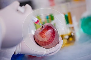 GMO experiment scientist injecting liquid into apple in agricultural research laboratory