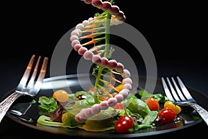 GMO food and Genetically modified crops concept. Fruit and vegetables as a DNA strand