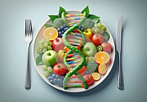 GMO food and Genetically modified crops. Concepts fruit and vegetables as a DNA strand