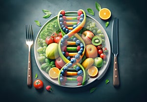GMO food and Genetically modified crops. Concepts fruit and vegetables as a DNA strand