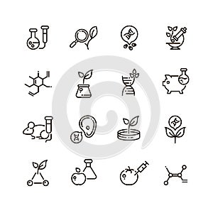 Gmo food and medical science vector line editable icons. Dna modification and agriculture technology outline symbols