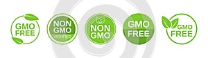 GMO free icons. Non GMO label set. Healthy organic food concept. No GMO design elements for tags, product packag, food