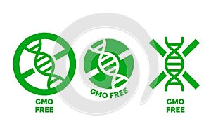 GMO free label for no gmo added product package icon design template. Vector green DNA symbol for GMO free food