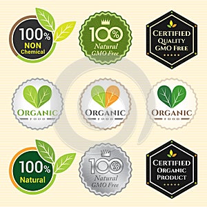 GMO Free Non GMO and organic guarantee tag logo label emblem sticker for plant fruits and vegetable