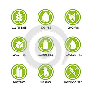 Gmo free, sugar, dairy, lactose, antibiotic, gluten free icon set. Set of allergen signs. Green dietary food symbol. vector