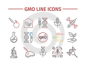 GMO. Genetically modified organism. Line icons set. Vector signs