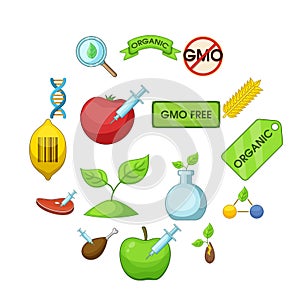GMO goods icons set, cartoon style