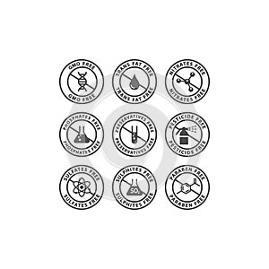 Gmo, preservatives, trans fat free vector badge label. Nitrates, sulfates, pesticides free circle stamp set for packaging. photo