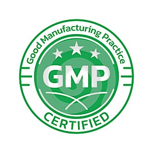 GMP certified icon or logo. Good manufacturing practice stamp or seal design. Quality standard label.