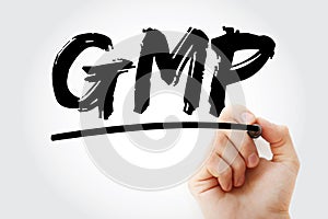 GMP - Good Manufacturing Practice acronym with marker, concept background