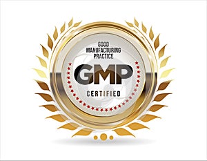 GMP Good Manufacturing Practice certified gold stamp on white background