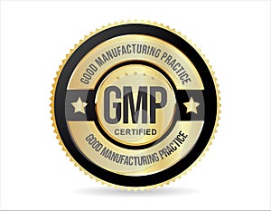 GMP Good Manufacturing Practice certified gold stamp on white background