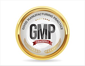 GMP Good Manufacturing Practice certified gold stamp on white background
