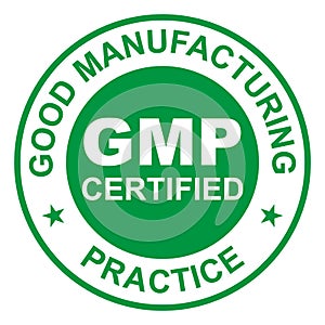 GMP Good Manufacturing Practice certified round green stamp on white background - Vector