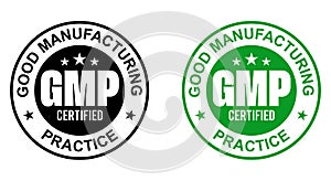 GMP Good Manufacturing Practice certified round green stamp on white background - Vector