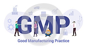 Gmp good manufacturing practice concept with big word or text and team people with modern flat style - vector