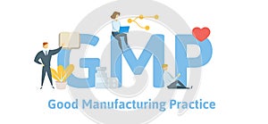 GMP, Good Manufacturing Practice. Concept with keywords, letters and icons. Flat vector illustration. Isolated on white