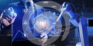 GMP Good manufacturing practice. 3d render cobot robotic arm photo