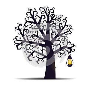 Gnarled Halloween tree with a lantern for the Halloween holiday. Vector illustration