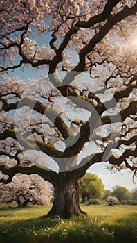 Gnarled oak tree bedecked with fragrant blossoms