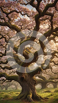 Gnarled oak tree bedecked with fragrant blossoms