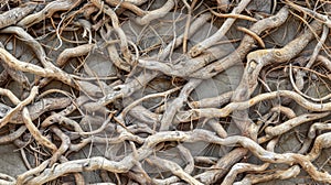 The gnarled roots form a seemingly imtrable barrier with layers of intertwined and overlapping roots creating an photo