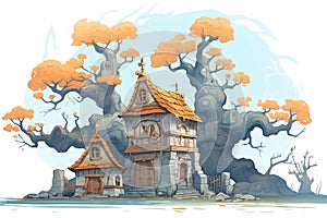 gnarled trees flanking a stone building on a misty morning, magazine style illustration