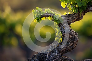 Gnarled vine with fresh leaves in sunlit vineyard