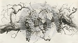 Gnarled Vine: Intricate Pencil Sketch of Bountiful Grape Clusters