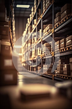 Gnerative ai image of a large warehouse full of iron shelves with brown cardboard boxes