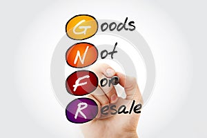 GNFR Goods Not For Resale - any goods that a business may use that aren`t then sold on as a product, acronym text with marker