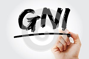 GNI - Gross National Income acronym with marker, business concept background